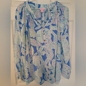 Lilly Pulitzer Elsa Blue and Pink Silk Blouse XL